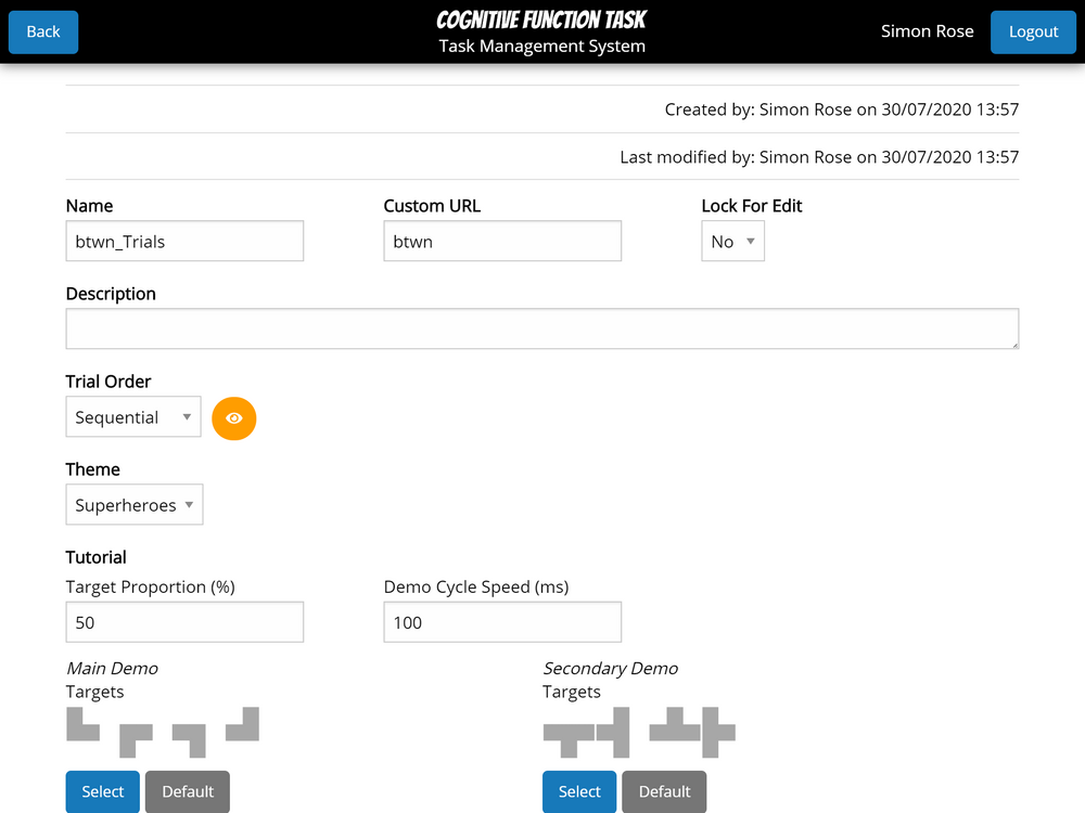 The task configuration page of the Cognitive Function Task application.