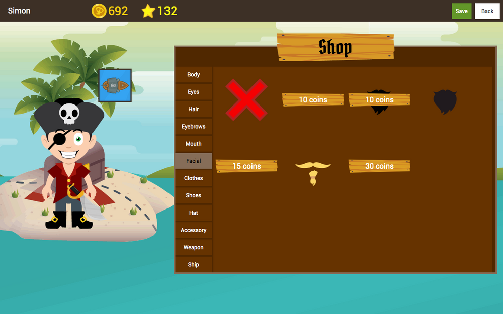 Pirate Plunder's shop, where players can spend coins they earn playing the game to customise their character.